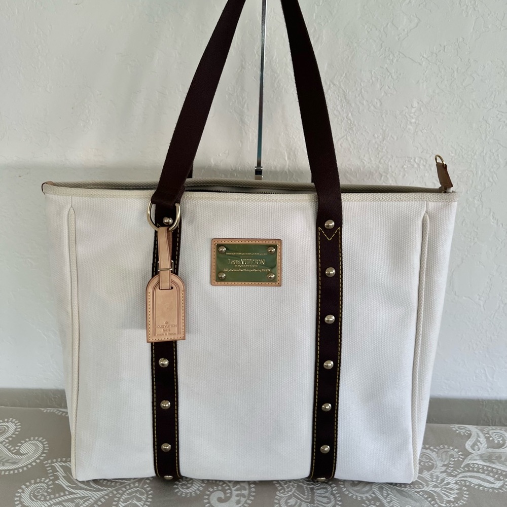 Louis Vuitton White Canvas Tote with Dark Brown Straps and Gold Hardware